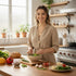 Woman smiling while preparing a fresh salad, wearing a delicate gold-filled y-necklace in a bright, modern kitchen.